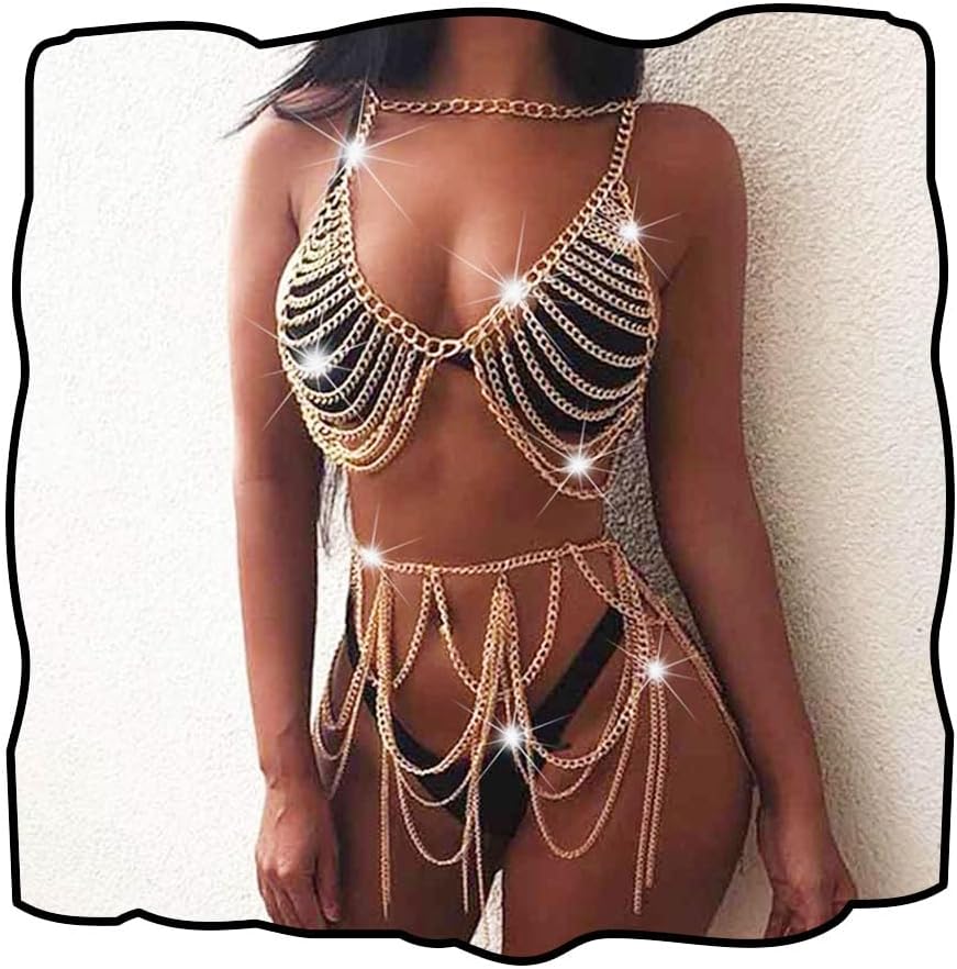 Boho Body Chain Bra Gold Bikini Chain Skirt Sexy Body Chain Set Halter Backless Chain Body Jewelry outfits Rave Nightclub Party Body Accessories for Women (Bra + Skirt)