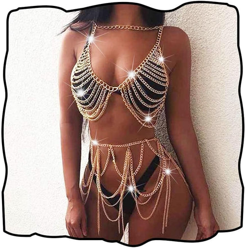 Boho Body Chain Bra Gold Bikini Chain Skirt Sexy Body Chain Set Halter Backless Chain Body Jewelry outfits Rave Nightclub Party Body Accessories for Women (Bra + Skirt)