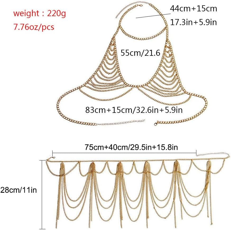 Boho Body Chain Bra Gold Bikini Chain Skirt Sexy Body Chain Set Halter Backless Chain Body Jewelry outfits Rave Nightclub Party Body Accessories for Women (Bra + Skirt)