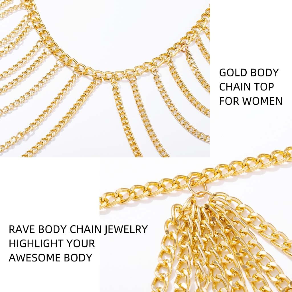 Boho Body Chain Bra Gold Bikini Chain Skirt Sexy Body Chain Set Halter Backless Chain Body Jewelry outfits Rave Nightclub Party Body Accessories for Women (Bra + Skirt)