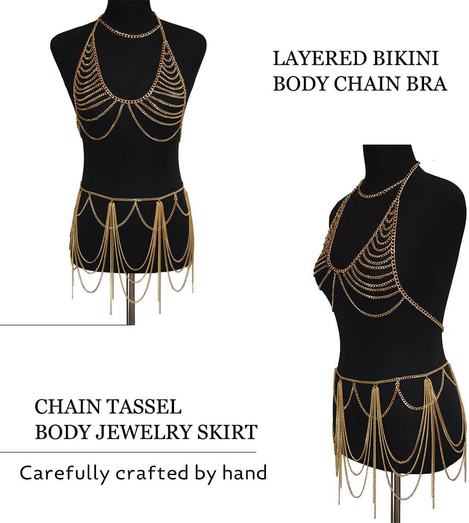 Boho Body Chain Bra Gold Bikini Chain Skirt Sexy Body Chain Set Halter Backless Chain Body Jewelry outfits Rave Nightclub Party Body Accessories for Women (Bra + Skirt)