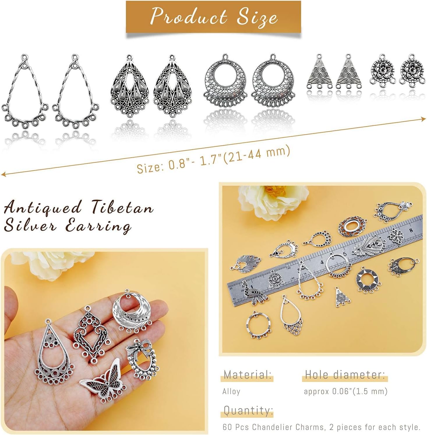 JIALEEY Antiqued Tibetan Silver Earring Chandelier Earring Jewelry Making Kit for Earring Drop and Charm Pendant Assorted Pack (30Pair 60Pcs)