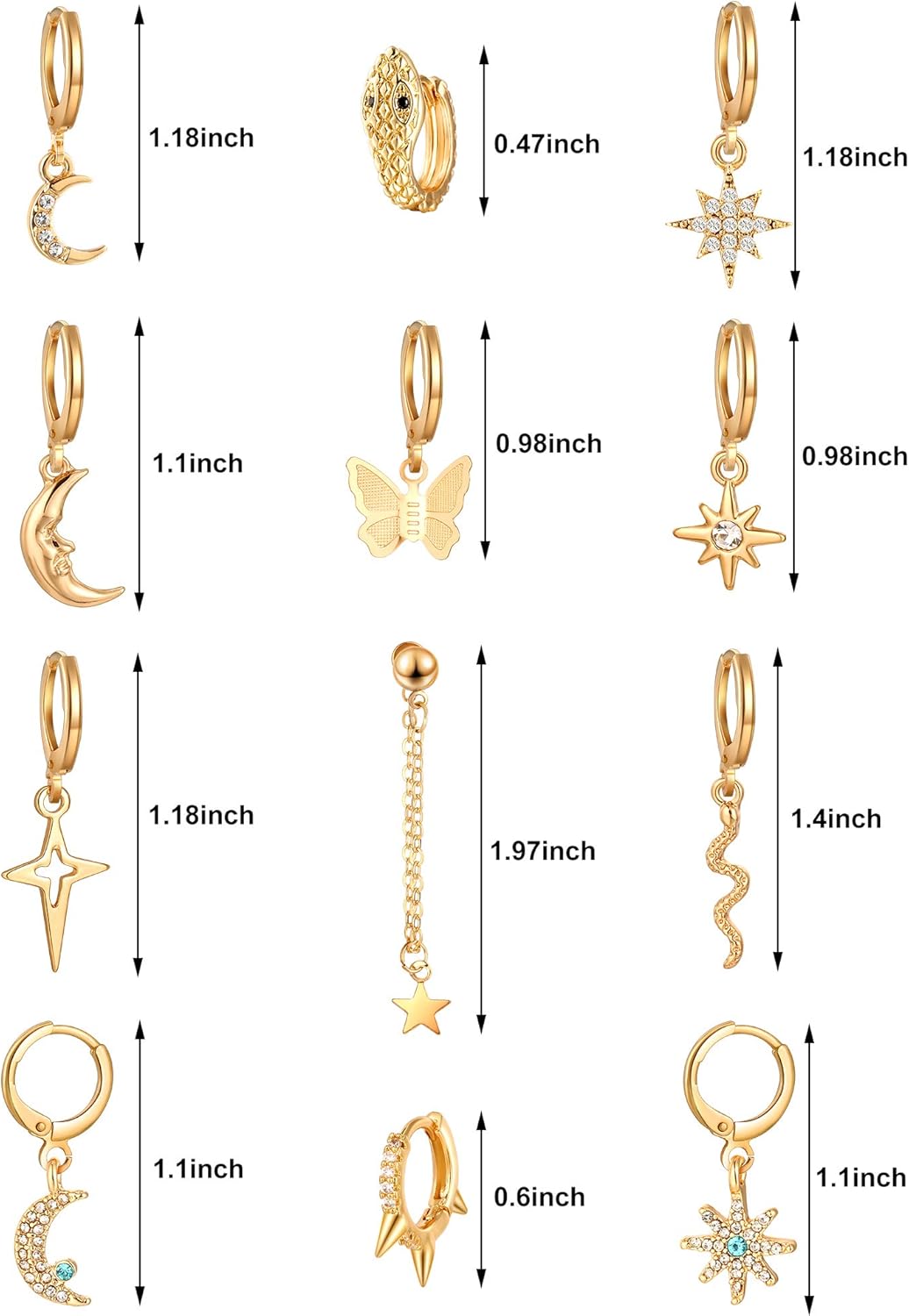 Hicarer 12 Pairs Dangle Hoop Earrings Aesthetic Huggie Earrings with Charms Small Drop Pendant Hoop Jewelry for Women