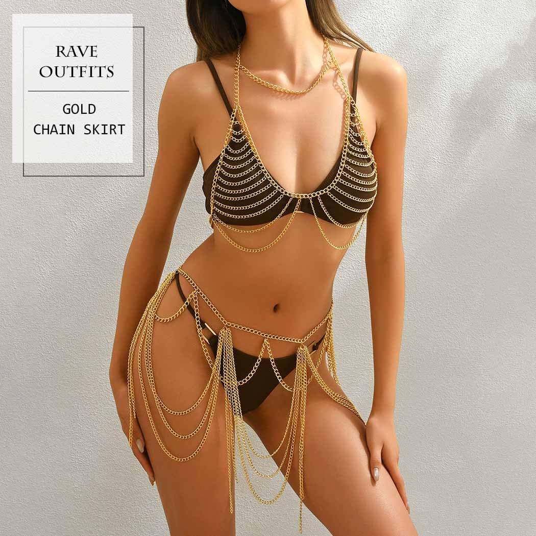 Boho Body Chain Bra Gold Bikini Chain Skirt Sexy Body Chain Set Halter Backless Chain Body Jewelry outfits Rave Nightclub Party Body Accessories for Women (Bra + Skirt)