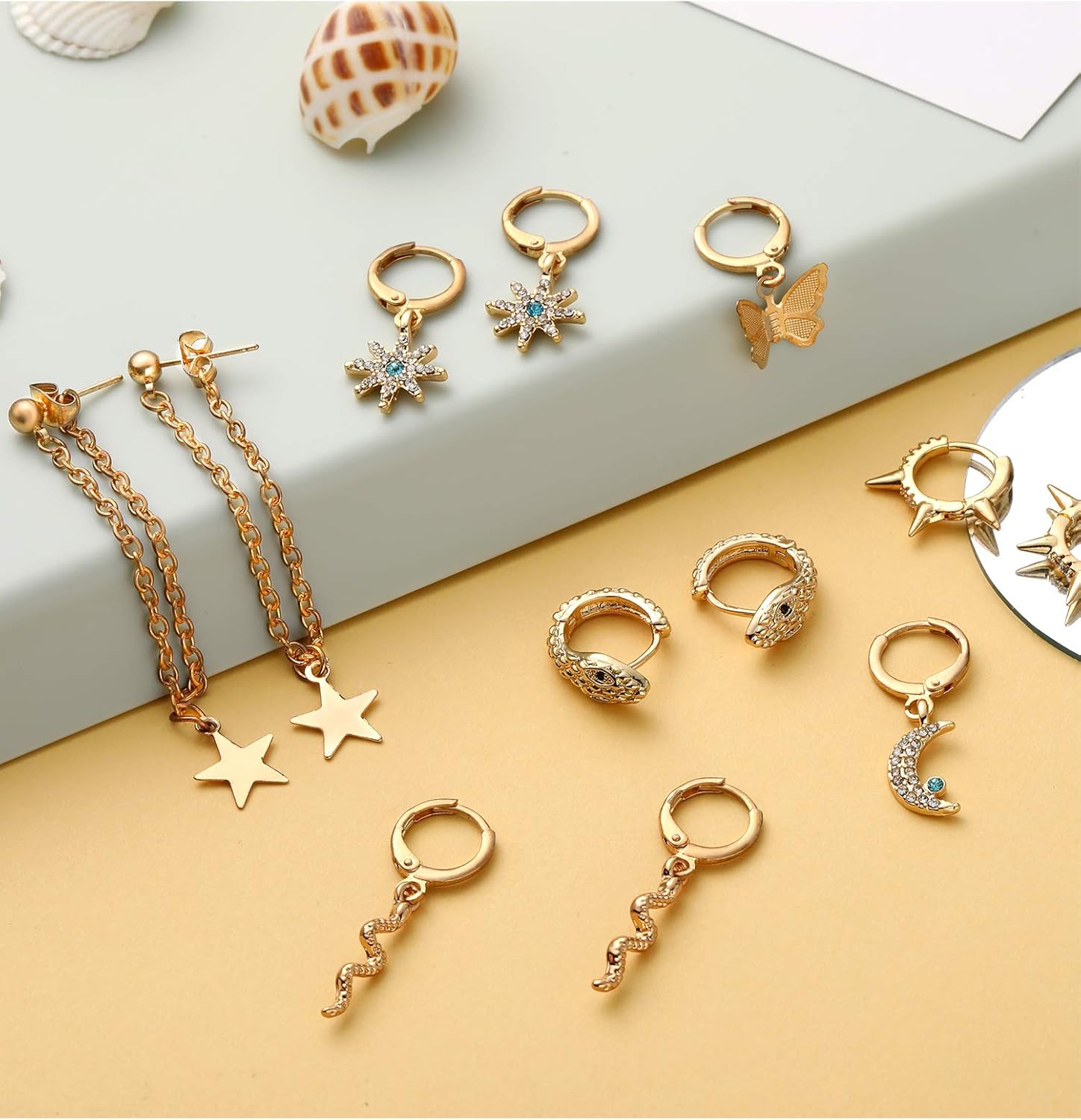 Hicarer 12 Pairs Dangle Hoop Earrings Aesthetic Huggie Earrings with Charms Small Drop Pendant Hoop Jewelry for Women