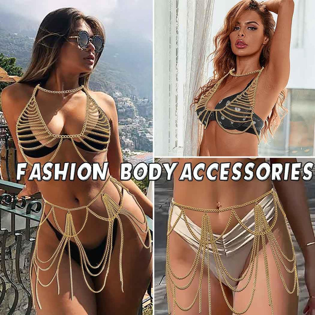 Boho Body Chain Bra Gold Bikini Chain Skirt Sexy Body Chain Set Halter Backless Chain Body Jewelry outfits Rave Nightclub Party Body Accessories for Women (Bra + Skirt)