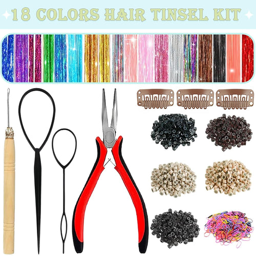 Hair Tinsel,18 Colors Hair Tinsel Kit for Girls 7600 Strands Fairy Tinsel Hair Extensions Holographic Hair Tinsel Heat Resistant Colored Hair Glitter Christmas Party Festival (18 Colors)