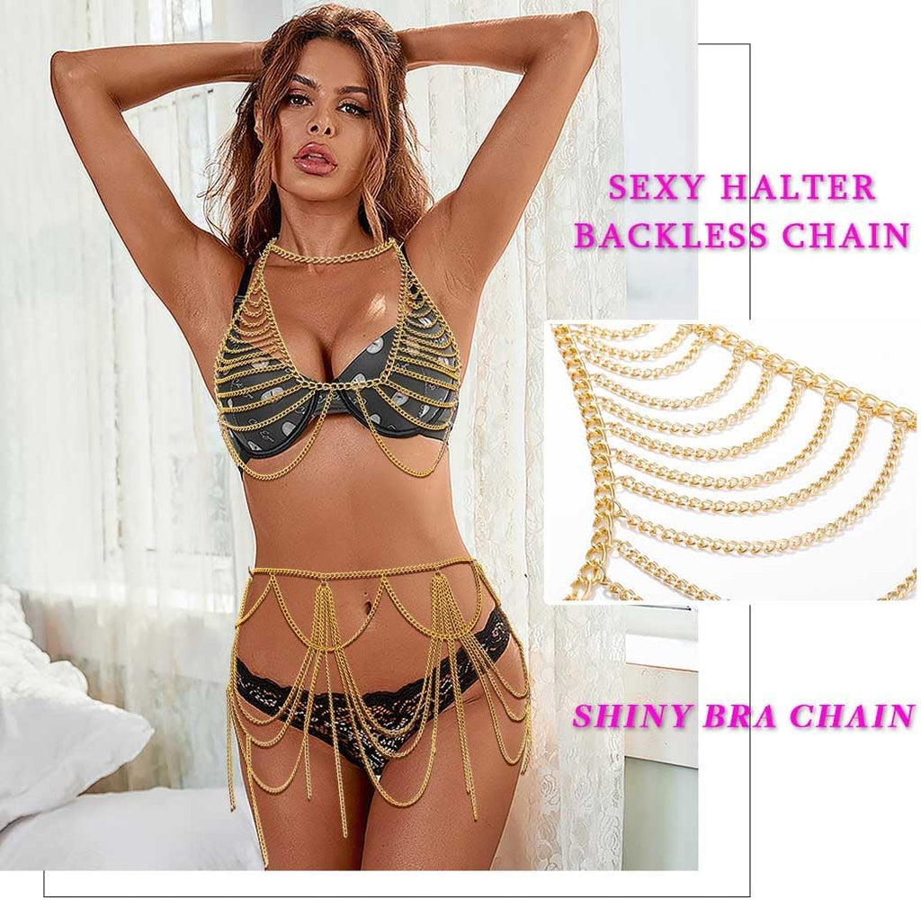 Boho Body Chain Bra Gold Bikini Chain Skirt Sexy Body Chain Set Halter Backless Chain Body Jewelry outfits Rave Nightclub Party Body Accessories for Women (Bra + Skirt)
