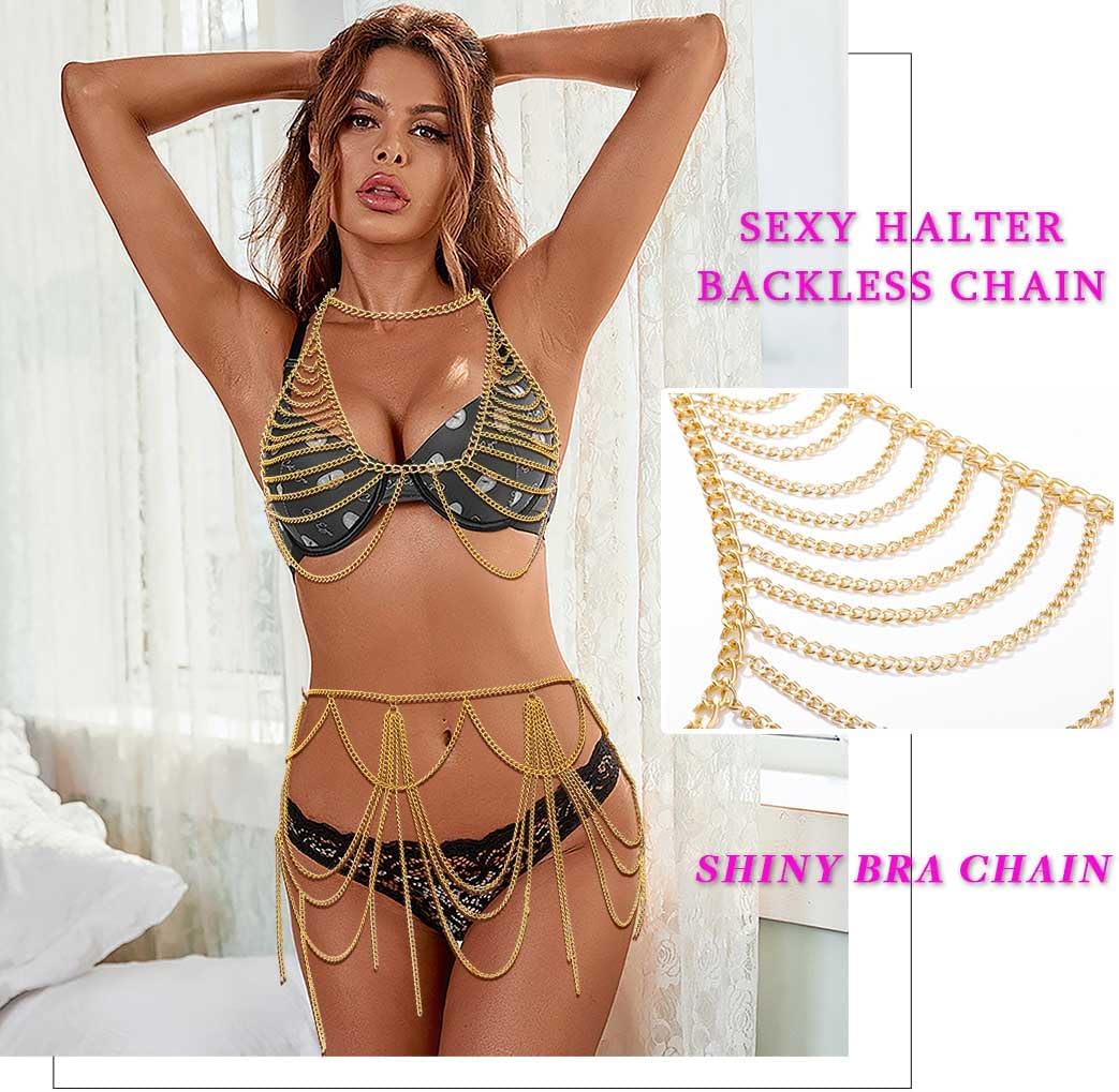 Boho Body Chain Bra Gold Bikini Chain Skirt Sexy Body Chain Set Halter Backless Chain Body Jewelry outfits Rave Nightclub Party Body Accessories for Women (Bra + Skirt)