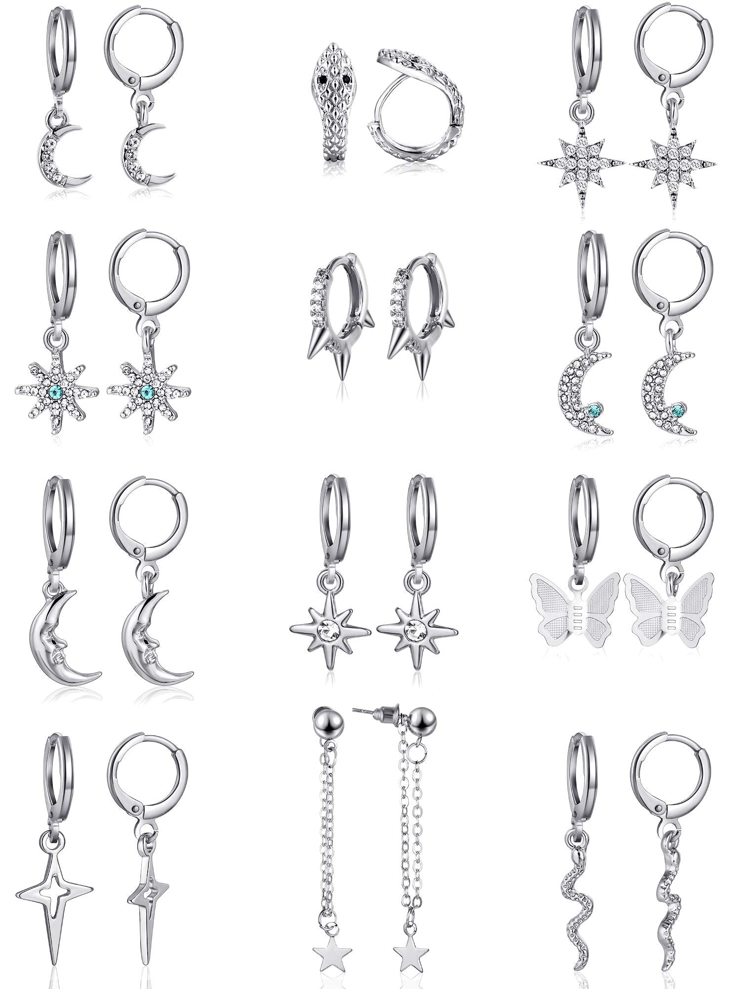 Hicarer 12 Pairs Dangle Hoop Earrings Aesthetic Huggie Earrings with Charms Small Drop Pendant Hoop Jewelry for Women