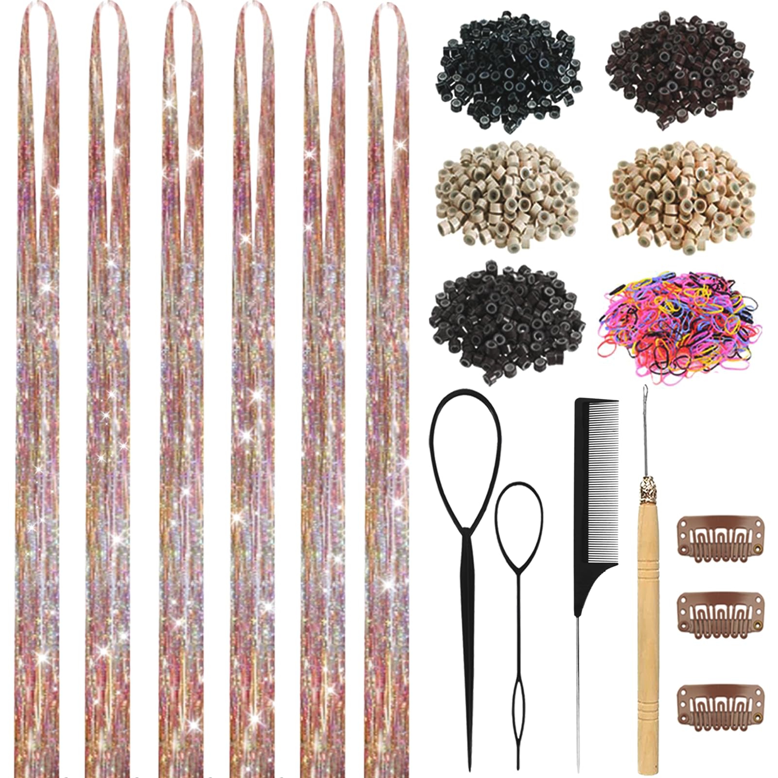 Hair Tinsel,18 Colors Hair Tinsel Kit for Girls 7600 Strands Fairy Tinsel Hair Extensions Holographic Hair Tinsel Heat Resistant Colored Hair Glitter Christmas Party Festival (18 Colors)