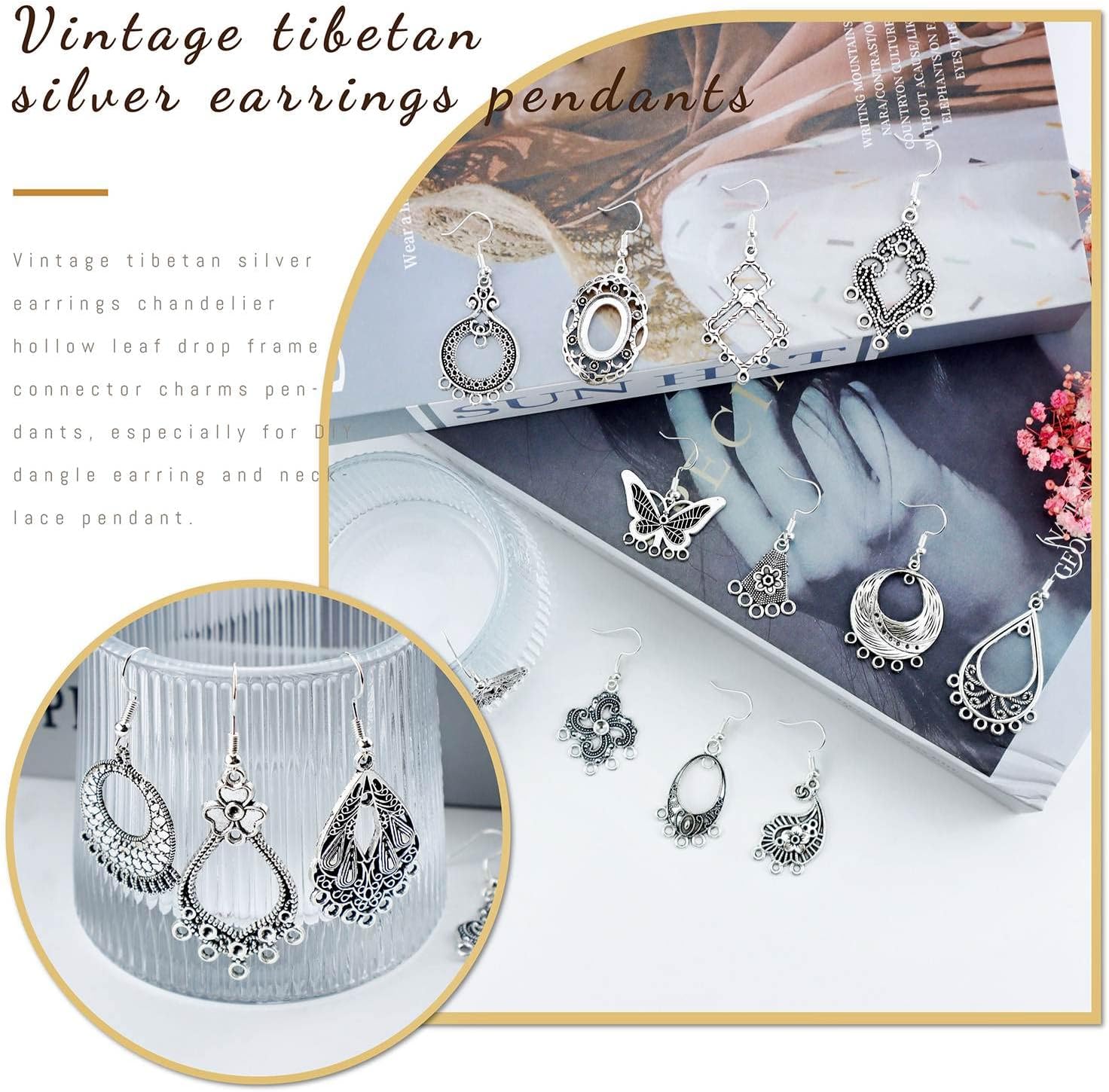 JIALEEY Antiqued Tibetan Silver Earring Chandelier Earring Jewelry Making Kit for Earring Drop and Charm Pendant Assorted Pack (30Pair 60Pcs)