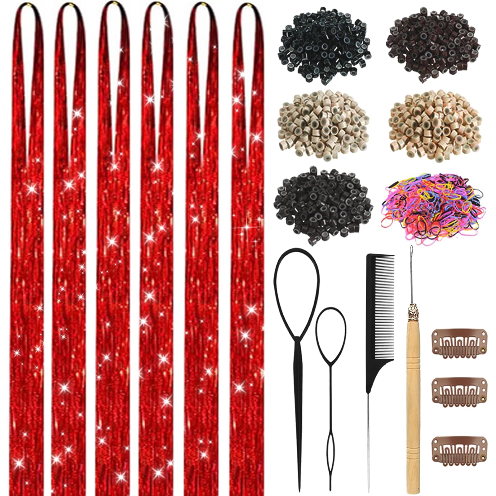 Hair Tinsel,18 Colors Hair Tinsel Kit for Girls 7600 Strands Fairy Tinsel Hair Extensions Holographic Hair Tinsel Heat Resistant Colored Hair Glitter Christmas Party Festival (18 Colors)