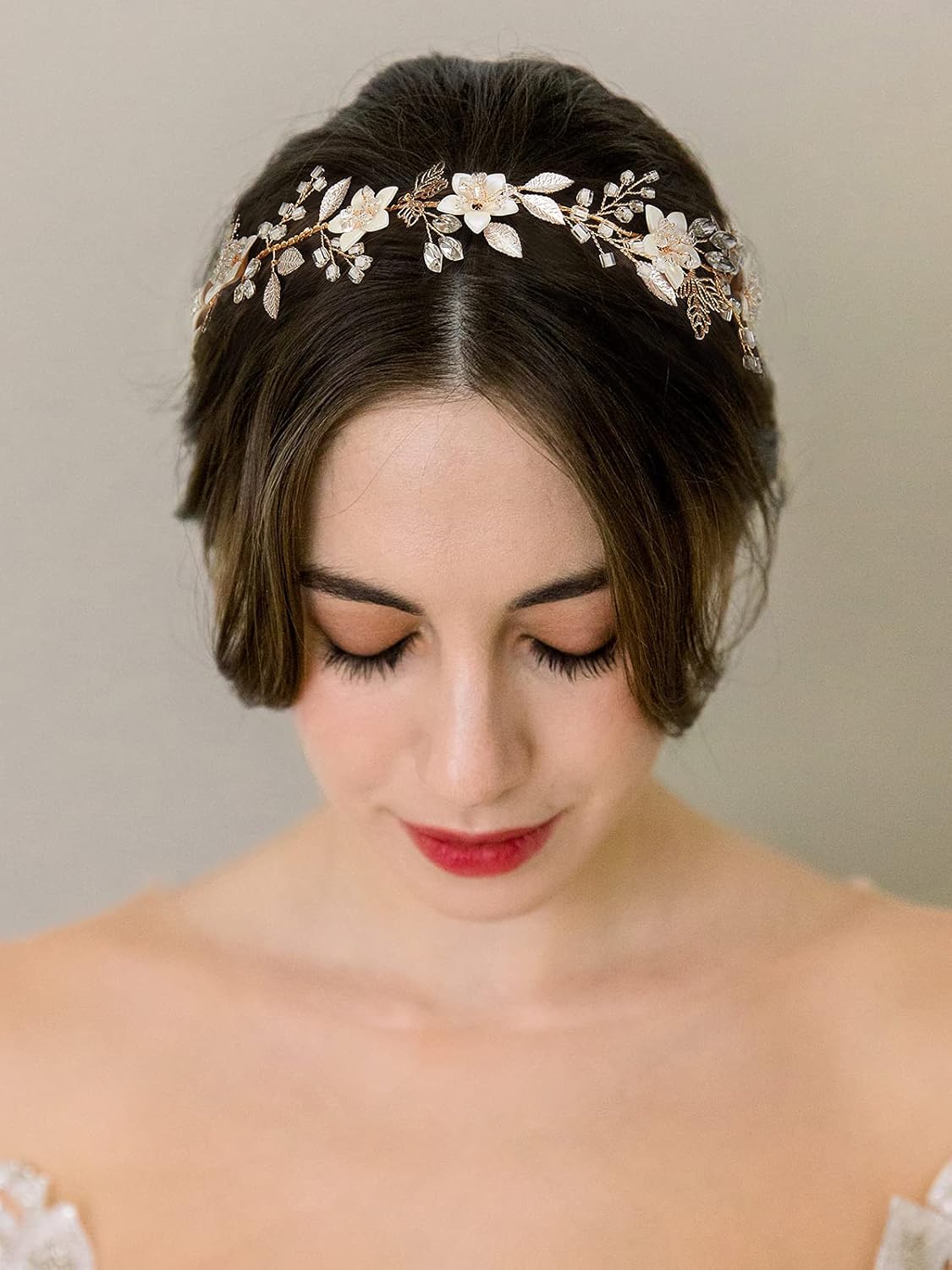 SWEETV Handmade Bridal Headband Flower Wedding Hair Accessories for Brides Hair Pieces Gold Flower Girl Headpieces