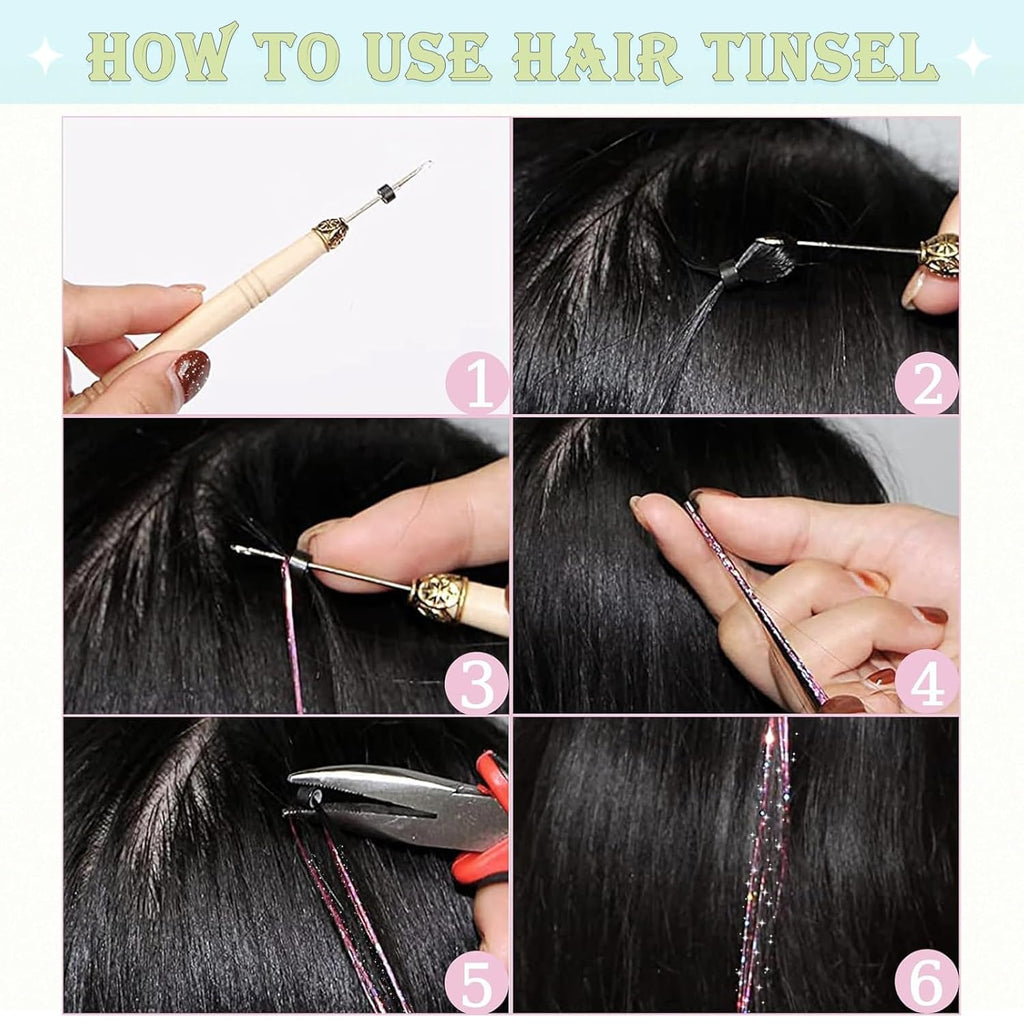 Hair Tinsel,18 Colors Hair Tinsel Kit for Girls 7600 Strands Fairy Tinsel Hair Extensions Holographic Hair Tinsel Heat Resistant Colored Hair Glitter Christmas Party Festival (18 Colors)