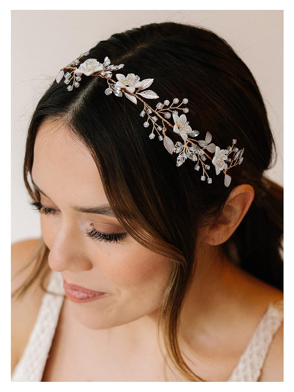 SWEETV Handmade Bridal Headband Flower Wedding Hair Accessories for Brides Hair Pieces Gold Flower Girl Headpieces