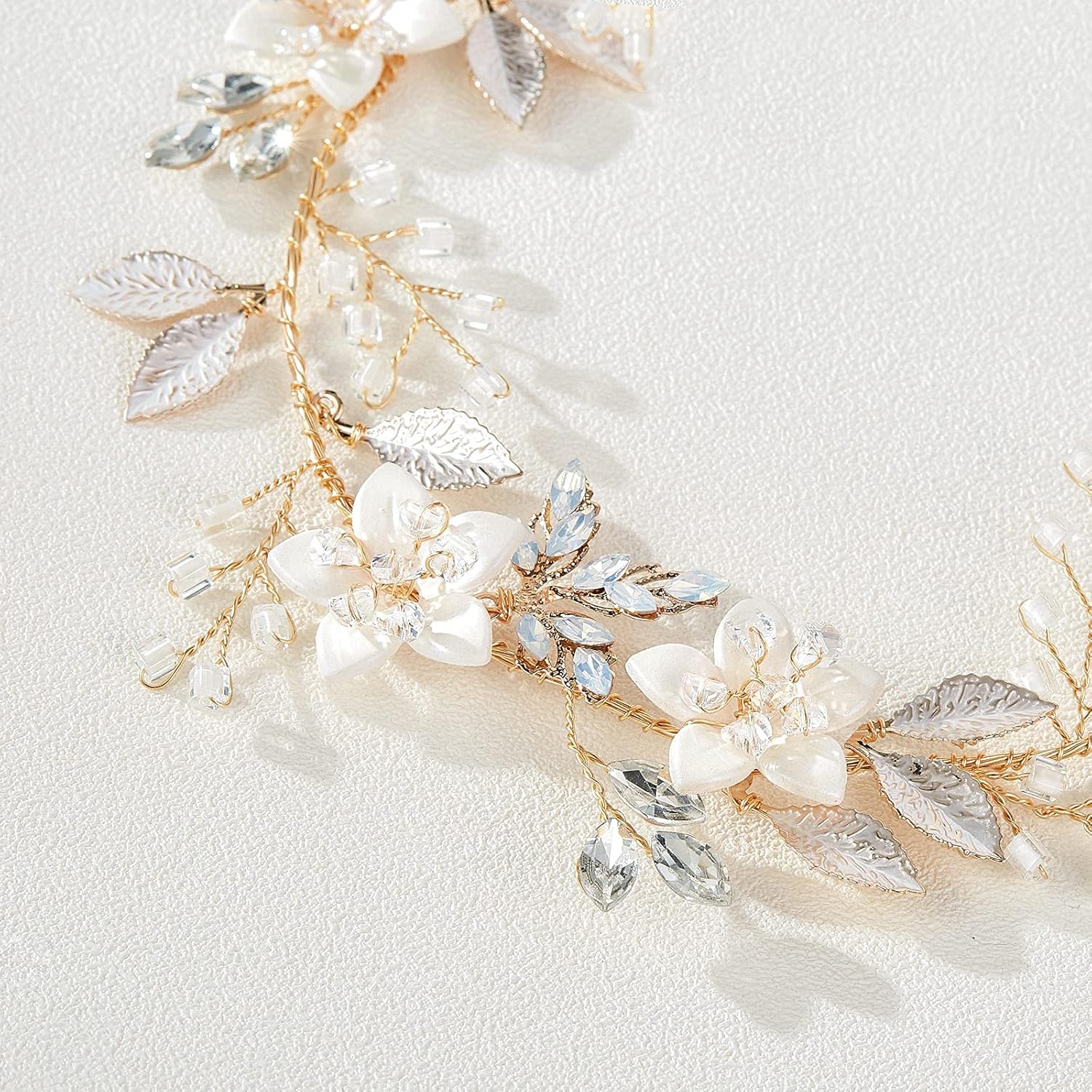 SWEETV Handmade Bridal Headband Flower Wedding Hair Accessories for Brides Hair Pieces Gold Flower Girl Headpieces