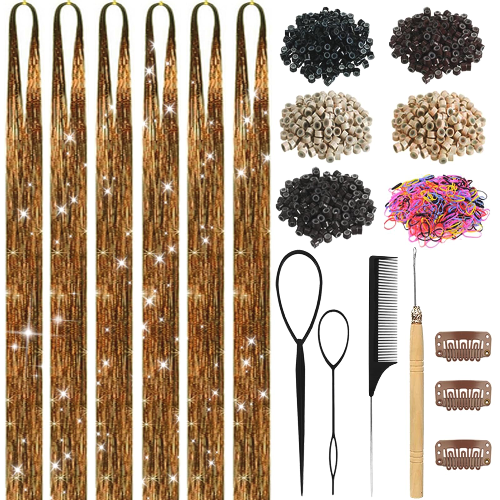 Hair Tinsel,18 Colors Hair Tinsel Kit for Girls 7600 Strands Fairy Tinsel Hair Extensions Holographic Hair Tinsel Heat Resistant Colored Hair Glitter Christmas Party Festival (18 Colors)