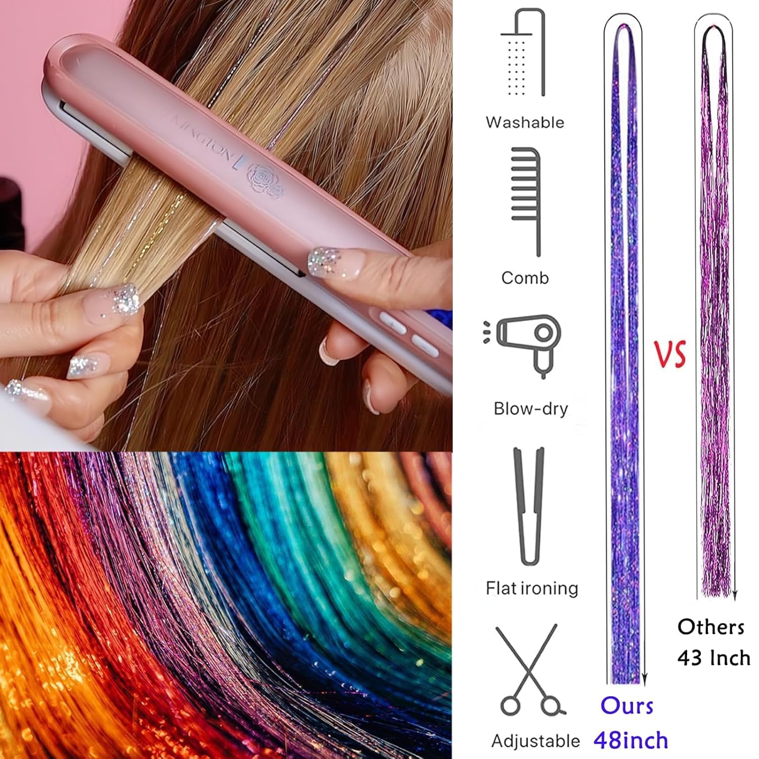 Hair Tinsel,18 Colors Hair Tinsel Kit for Girls 7600 Strands Fairy Tinsel Hair Extensions Holographic Hair Tinsel Heat Resistant Colored Hair Glitter Christmas Party Festival (18 Colors)