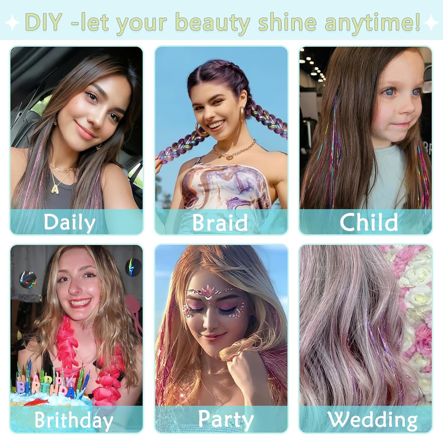 Hair Tinsel,18 Colors Hair Tinsel Kit for Girls 7600 Strands Fairy Tinsel Hair Extensions Holographic Hair Tinsel Heat Resistant Colored Hair Glitter Christmas Party Festival (18 Colors)