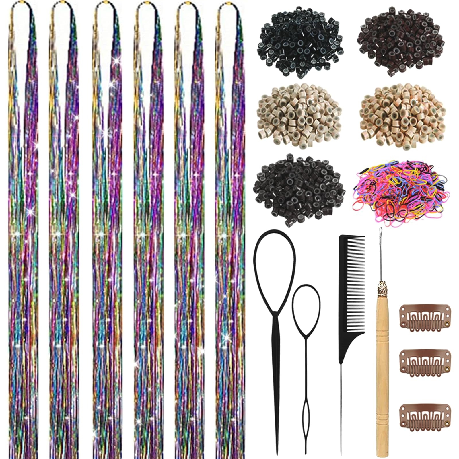 Hair Tinsel,18 Colors Hair Tinsel Kit for Girls 7600 Strands Fairy Tinsel Hair Extensions Holographic Hair Tinsel Heat Resistant Colored Hair Glitter Christmas Party Festival (18 Colors)