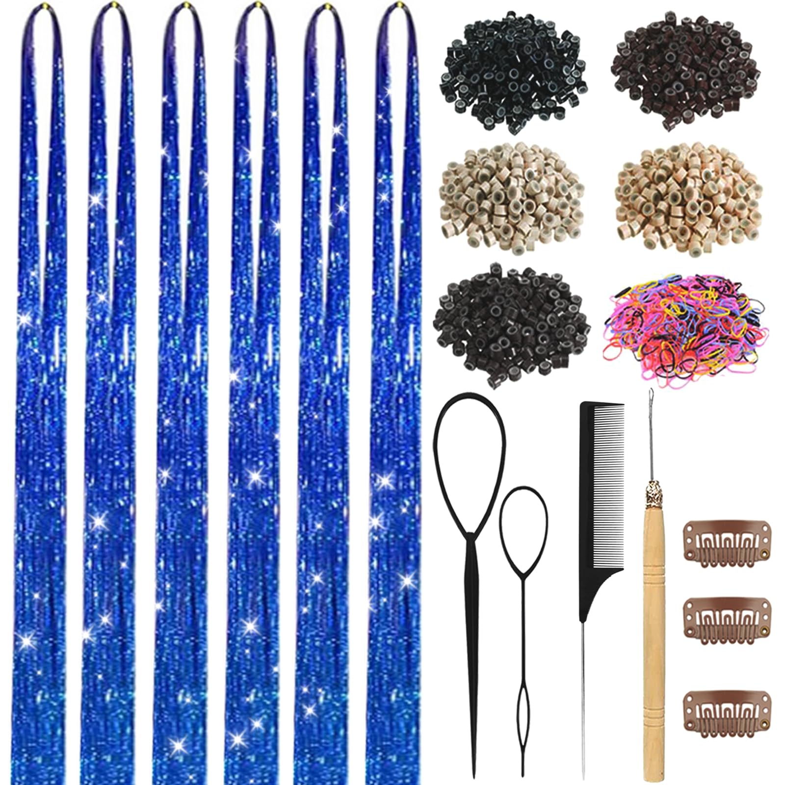Hair Tinsel,18 Colors Hair Tinsel Kit for Girls 7600 Strands Fairy Tinsel Hair Extensions Holographic Hair Tinsel Heat Resistant Colored Hair Glitter Christmas Party Festival (18 Colors)