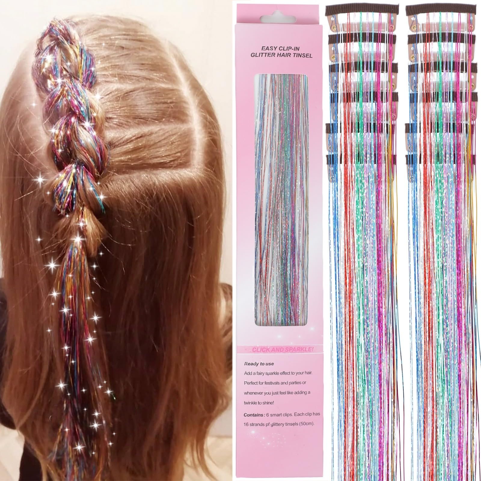 Hair Tinsel,18 Colors Hair Tinsel Kit for Girls 7600 Strands Fairy Tinsel Hair Extensions Holographic Hair Tinsel Heat Resistant Colored Hair Glitter Christmas Party Festival (18 Colors)