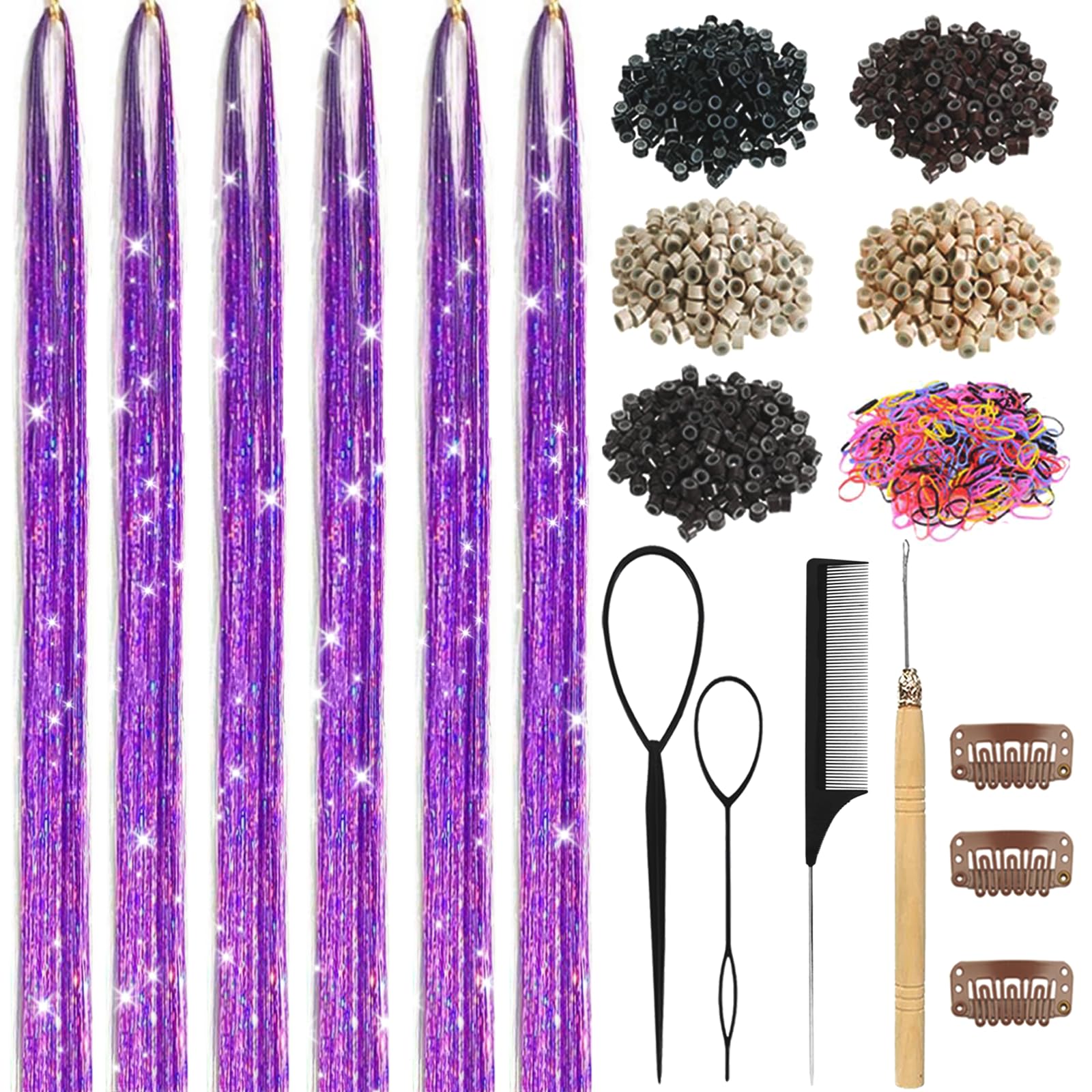 Hair Tinsel,18 Colors Hair Tinsel Kit for Girls 7600 Strands Fairy Tinsel Hair Extensions Holographic Hair Tinsel Heat Resistant Colored Hair Glitter Christmas Party Festival (18 Colors)