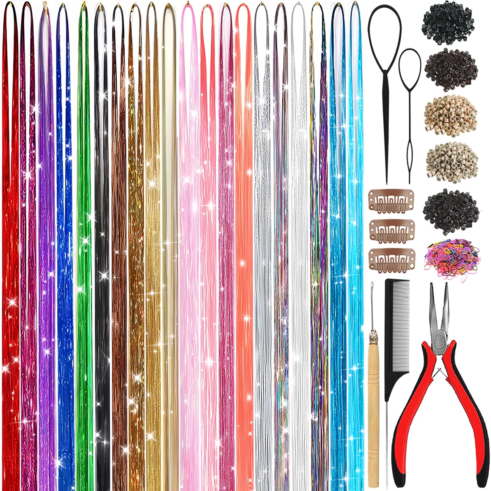 Hair Tinsel,18 Colors Hair Tinsel Kit for Girls 7600 Strands Fairy Tinsel Hair Extensions Holographic Hair Tinsel Heat Resistant Colored Hair Glitter Christmas Party Festival (18 Colors)