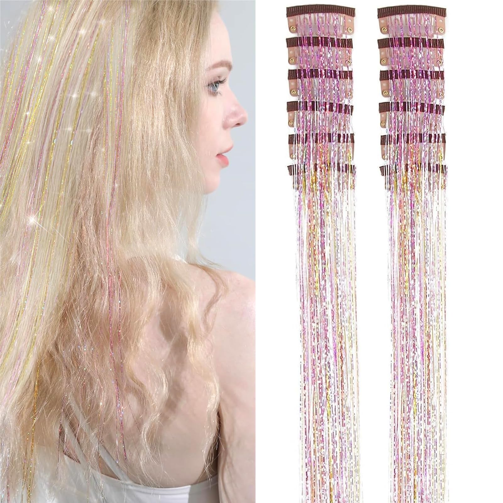 Hair Tinsel,18 Colors Hair Tinsel Kit for Girls 7600 Strands Fairy Tinsel Hair Extensions Holographic Hair Tinsel Heat Resistant Colored Hair Glitter Christmas Party Festival (18 Colors)