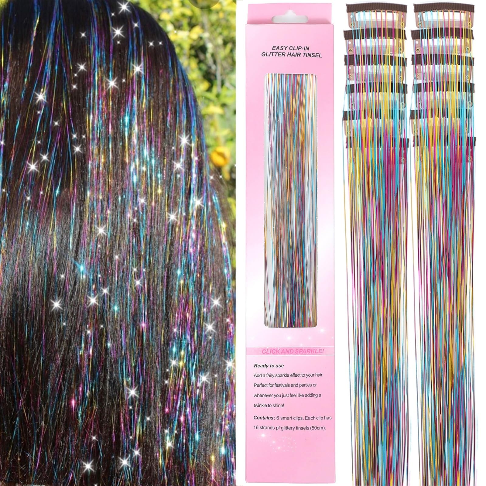 Hair Tinsel,18 Colors Hair Tinsel Kit for Girls 7600 Strands Fairy Tinsel Hair Extensions Holographic Hair Tinsel Heat Resistant Colored Hair Glitter Christmas Party Festival (18 Colors)