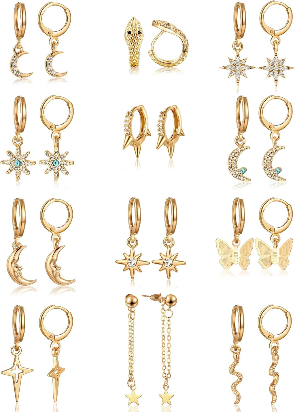 Hicarer 12 Pairs Dangle Hoop Earrings Aesthetic Huggie Earrings with Charms Small Drop Pendant Hoop Jewelry for Women