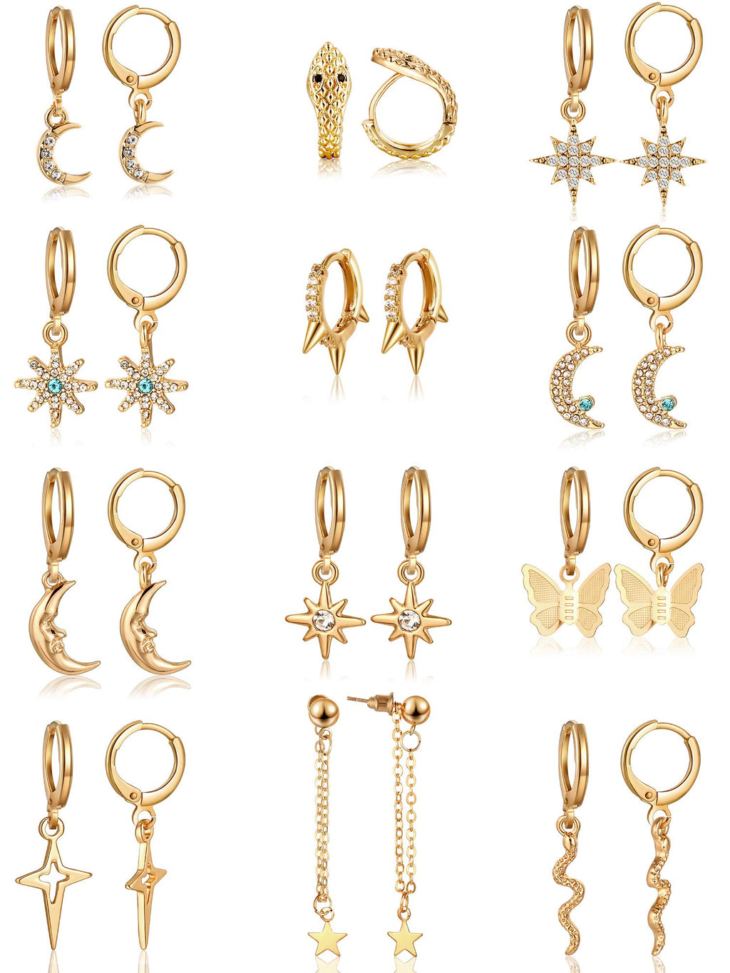 Hicarer 12 Pairs Dangle Hoop Earrings Aesthetic Huggie Earrings with Charms Small Drop Pendant Hoop Jewelry for Women