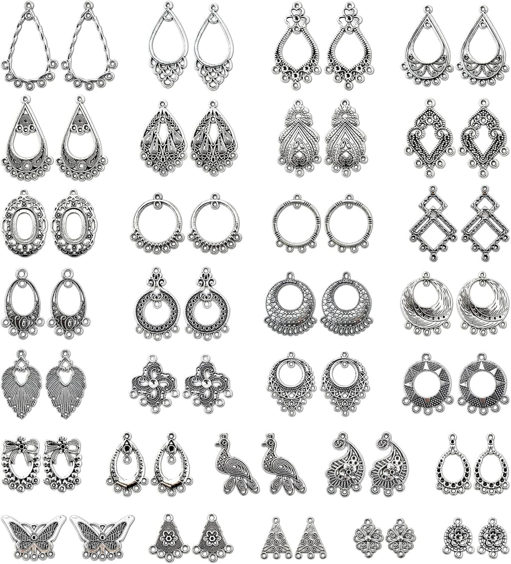 JIALEEY Antiqued Tibetan Silver Earring Chandelier Earring Jewelry Making Kit for Earring Drop and Charm Pendant Assorted Pack (30Pair 60Pcs)