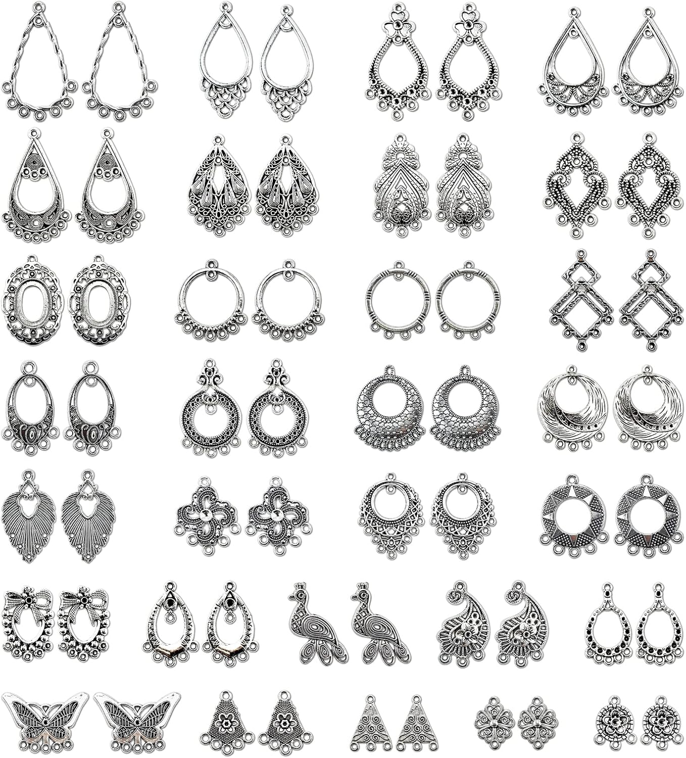 JIALEEY Antiqued Tibetan Silver Earring Chandelier Earring Jewelry Making Kit for Earring Drop and Charm Pendant Assorted Pack (30Pair 60Pcs)