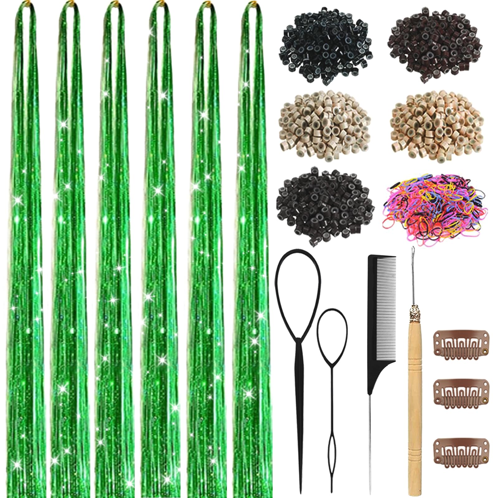 Hair Tinsel,18 Colors Hair Tinsel Kit for Girls 7600 Strands Fairy Tinsel Hair Extensions Holographic Hair Tinsel Heat Resistant Colored Hair Glitter Christmas Party Festival (18 Colors)