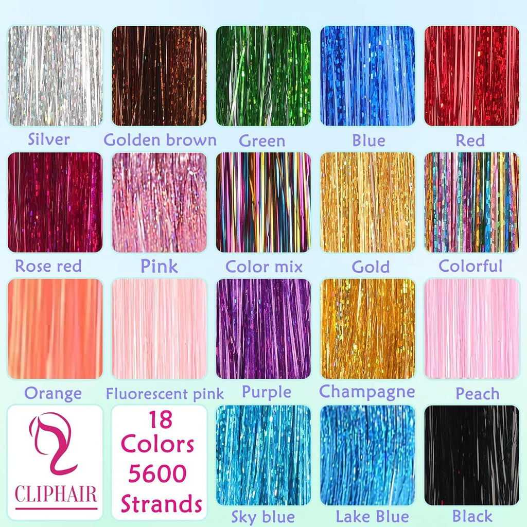 Hair Tinsel,18 Colors Hair Tinsel Kit for Girls 7600 Strands Fairy Tinsel Hair Extensions Holographic Hair Tinsel Heat Resistant Colored Hair Glitter Christmas Party Festival (18 Colors)