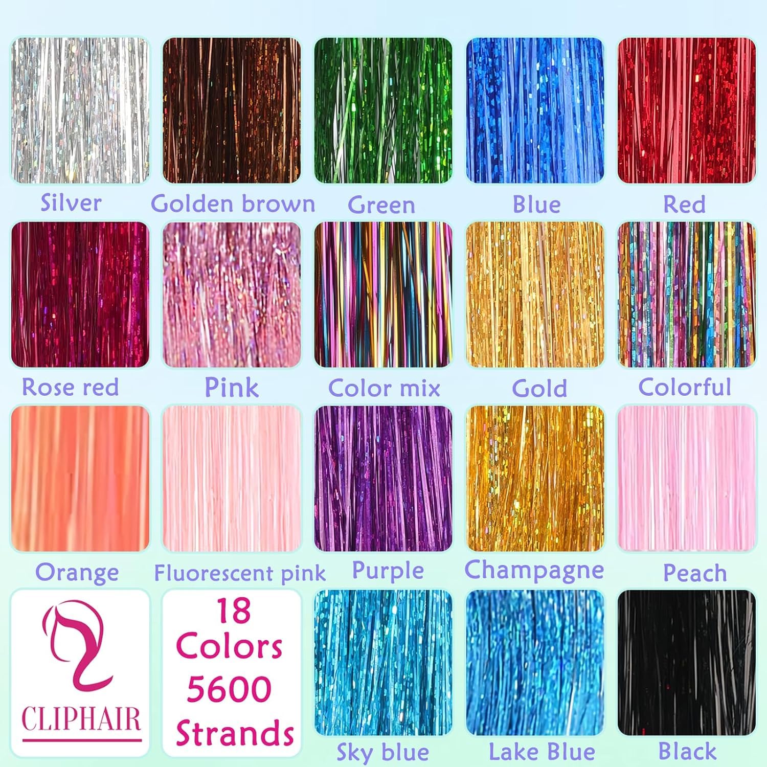 Hair Tinsel,18 Colors Hair Tinsel Kit for Girls 7600 Strands Fairy Tinsel Hair Extensions Holographic Hair Tinsel Heat Resistant Colored Hair Glitter Christmas Party Festival (18 Colors)