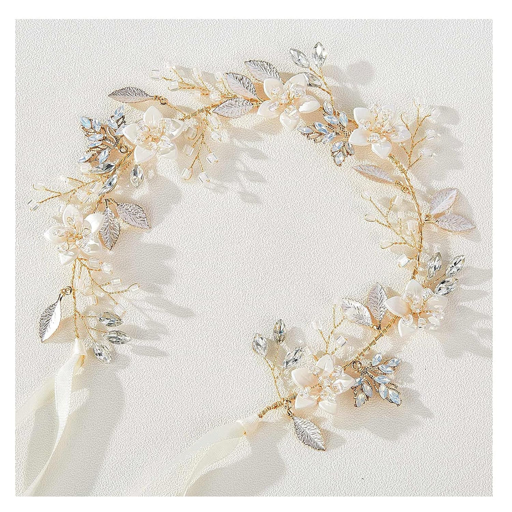 SWEETV Handmade Bridal Headband Flower Wedding Hair Accessories for Brides Hair Pieces Gold Flower Girl Headpieces