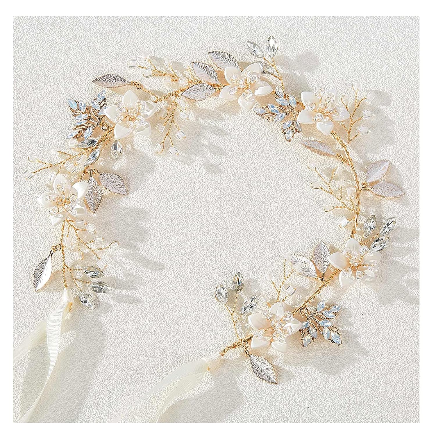 SWEETV Handmade Bridal Headband Flower Wedding Hair Accessories for Brides Hair Pieces Gold Flower Girl Headpieces